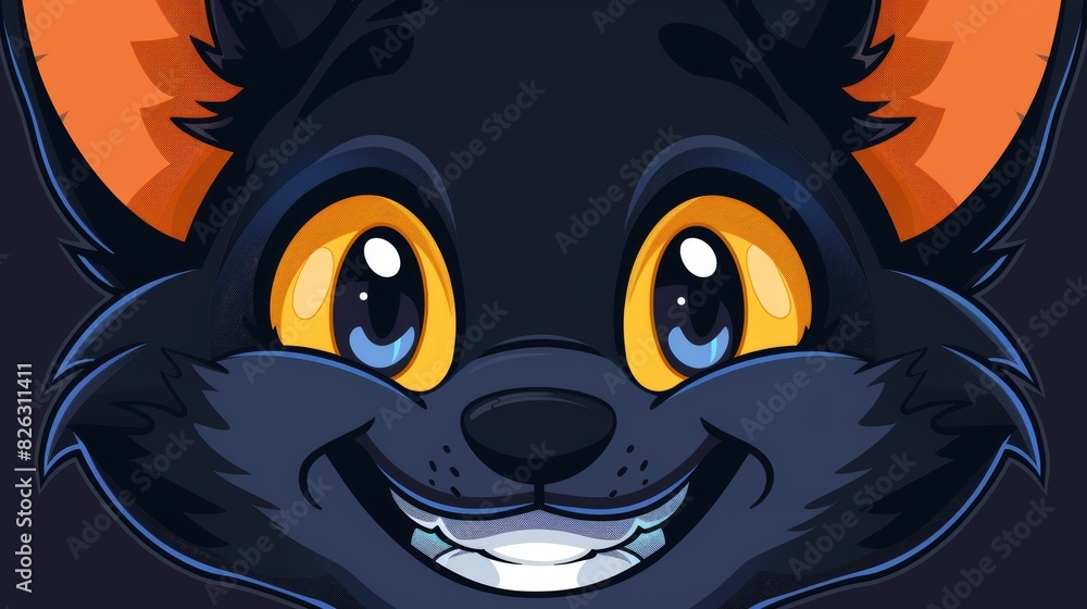 An illustration of a smiling cartoon black cat face in a retro style. An illustration of a smiling cartoon black cat face in a retro style.