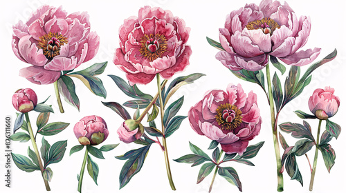 Fototapeta Naklejka Na Ścianę i Meble -  Watercolor drawing of a floral collection featuring pink peonies and botanical elements, isolated on white background