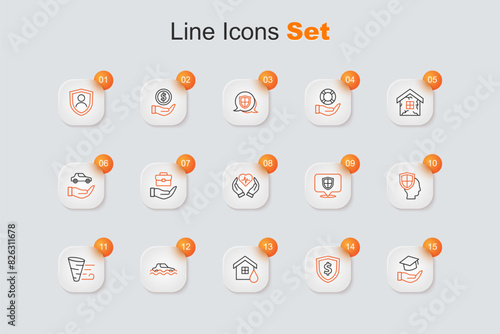 Set line Education grant, Shield with dollar, House flood, Flood car, Tornado, Life insurance shield, Location and icon. Vector