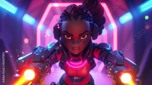 A cartoon African American girl and a laser gun in a corridor with neon lights, illustrating a generational AI illustration.