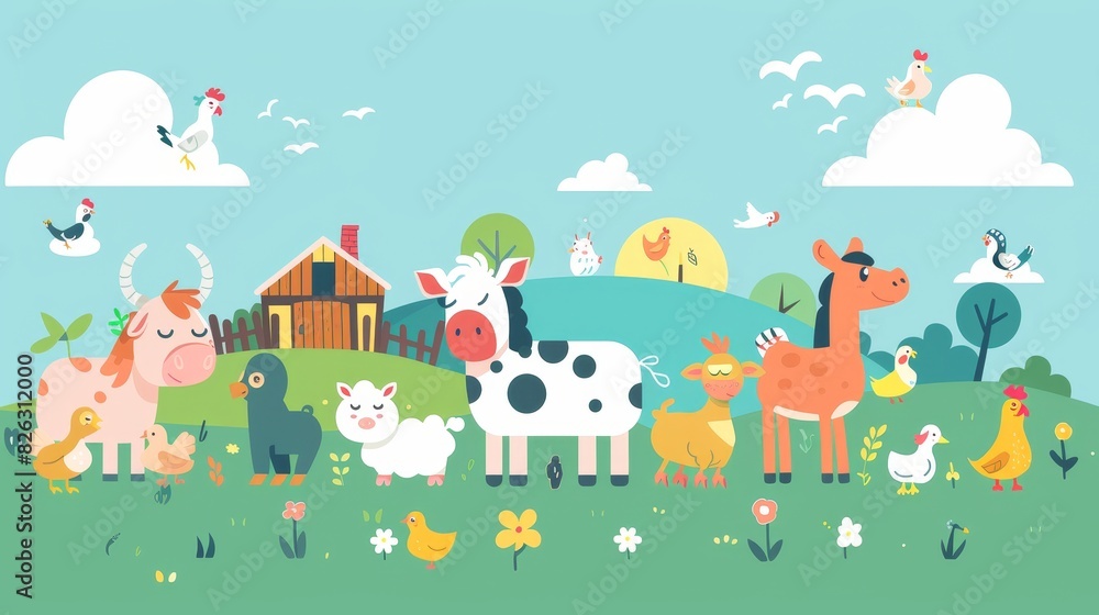 An illustration of farm animals with a landscape - cows, pigs, sheep, horses, roosters, chickens, donkeys, geese, ducks, goats, cats, dogs. This is a cute cartoon modern illustration in flat style. An illustration of farm animals with a landscape - cows, pigs, sheep, horses, roosters, chickens, donkeys, geese, ducks, goats, cats, dogs. This is a cute cartoon modern illustration in flat style.