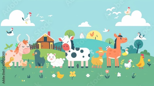 An illustration of farm animals with a landscape - cows  pigs  sheep  horses  roosters  chickens  donkeys  geese  ducks  goats  cats  dogs. This is a cute cartoon modern illustration in flat style.