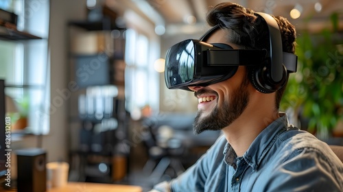 A smiling man wearing VR glasses is sitting in the office, enjoying virtual reality games on his headset while looking at something outside of it.  © horizon