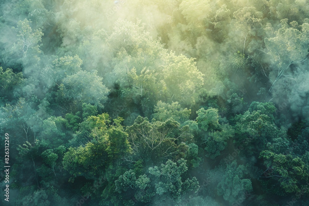 Aerial view of lush, green forest covered in mist, with sunlight filtering through, creating a serene and ethereal atmosphere. Aerial view of lush, green forest covered in mist, with sunlight filtering through, creating a serene and ethereal atmosphere.