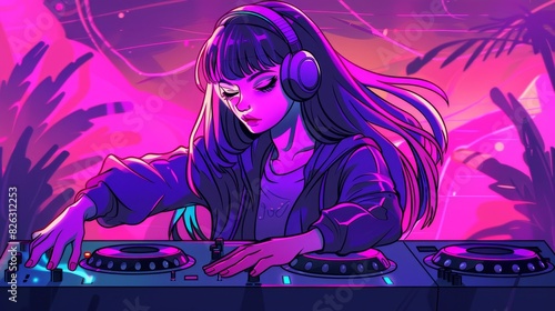Icon of a cartoon anime music DJ girl drawn by hand © Mark