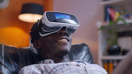 A smiling man wearing VR glasses is sitting in the office, enjoying virtual reality games on his headset while looking at something outside of it. 