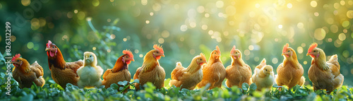 Photo realistic Organic free range chickens on glossy backdrop: High resolution image showcasing sustainable poultry farming practices photo