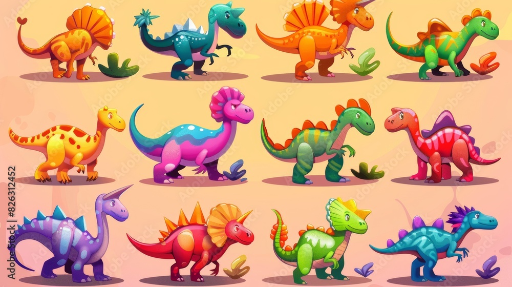 Colorful cartoon dinosaurs with bright colors.