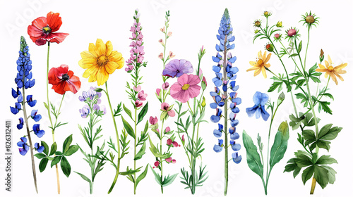 Watercolor drawing of a floral collection featuring pink peonies and botanical elements, isolated on white background