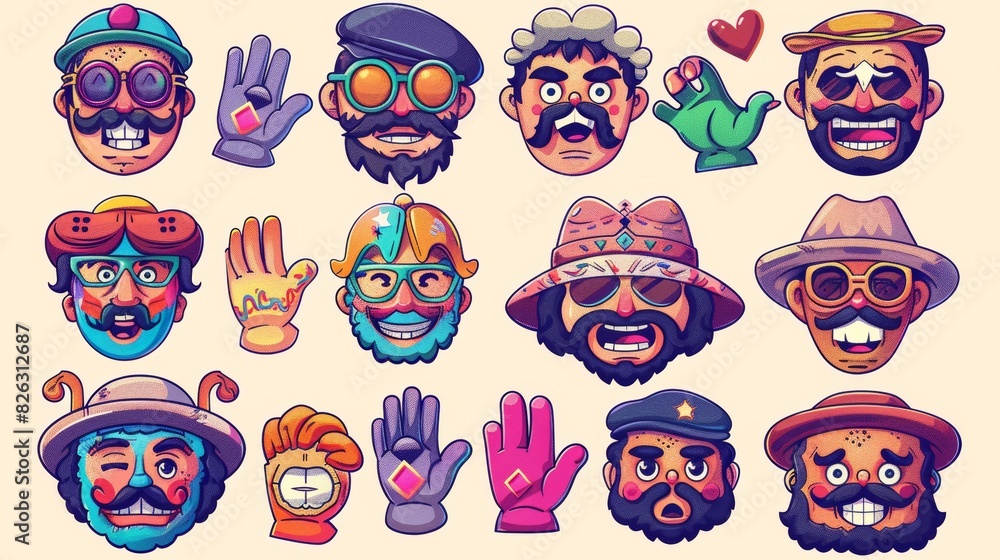 This set includes a variety of cartoon characters in different emotions and hand, glove, glasses, hat, shoes. This is a cute retro groovy hippie illustration ideal for decorative purposes.