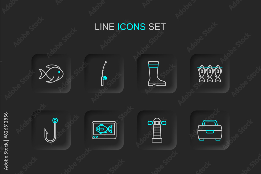 Set line Fishing hook, Lighthouse, finder echo sounder, Fisherman, Case or box for fishing equipment, boots, rod and bucket with icon. Vector Set line Fishing hook, Lighthouse, finder echo sounder, Fisherman, Case or box for fishing equipment, boots, rod and bucket with icon. Vector