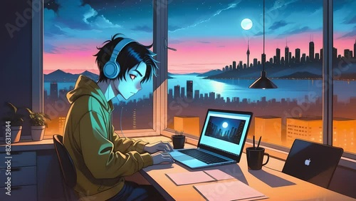 An anime-style animated boy with headphones sitting at a desk using a laptop in a cozy room, a big city in the background