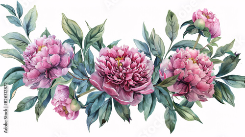 Watercolor drawings of pink peony flowers and green leaves, perfect for wedding decorations and celebrations, isolated on white background
