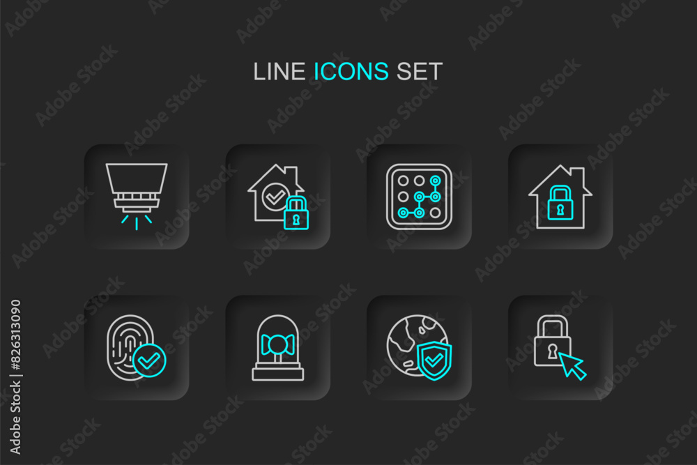 Set line Lock, Shield with world globe, Ringing alarm bell, Fingerprint, House under protection, Graphic password, and Fire sprinkler system icon. Vector Set line Lock, Shield with world globe, Ringing alarm bell, Fingerprint, House under protection, Graphic password, and Fire sprinkler system icon. Vector