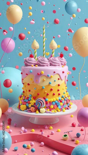 Vibrant birthday cake with candles, decorated with sprinkles and surrounded by colorful balloons, perfect for celebrations.