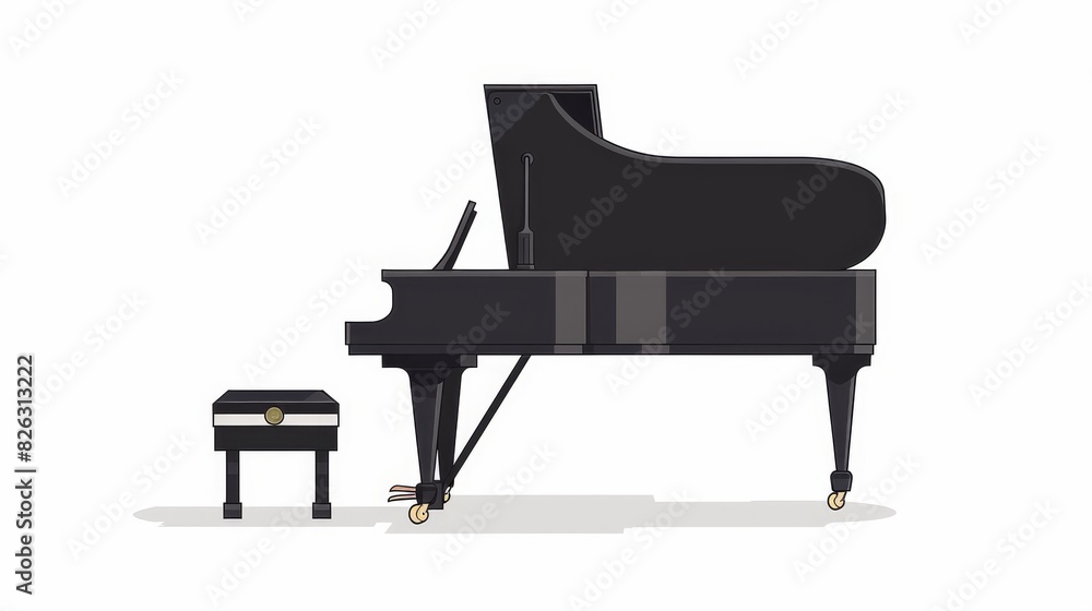 The black piano and black stool are on a white background. The piano is an instrument with traditional music influences. This flat cartoon design is in a flat style. The black piano and black stool are on a white background. The piano is an instrument with traditional music influences. This flat cartoon design is in a flat style.