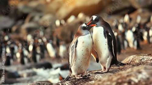   A pair of penguins perched on a rocky outcropping amidst a backdrop of penguin clusters