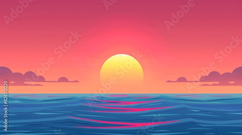 Simple sea and sunset cartoon background.