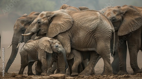   Elephants standing on dirt field in front of forest