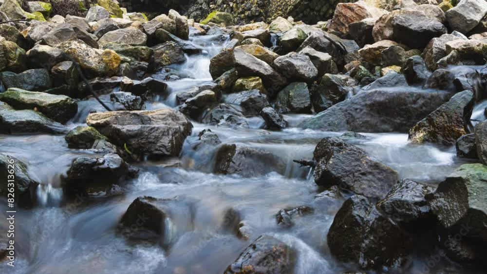 Close-up time-lapse shot of water flowing with rocks visible. Close-up time-lapse shot of water flowing with rocks visible.
