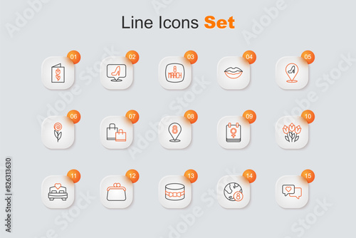Set line Heart in speech bubble, International Women Day, Gift box and heart, Handbag, Bedroom, Flower tulip, Calendar with 8 March and icon. Vector