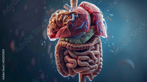 3D rendering of human digestive system and heart showing internal organs anatomy. Medical and educational visualization. photo