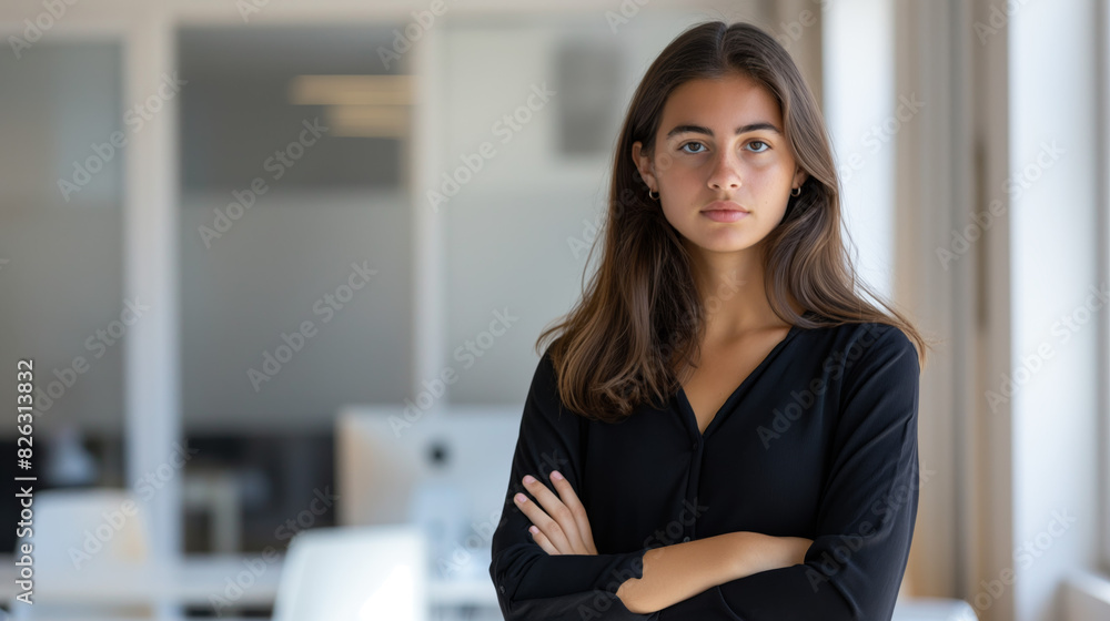 A young woman in a black blouse stands confidently with arms crossed in an office setting A young woman in a black blouse stands confidently with arms crossed in an office setting