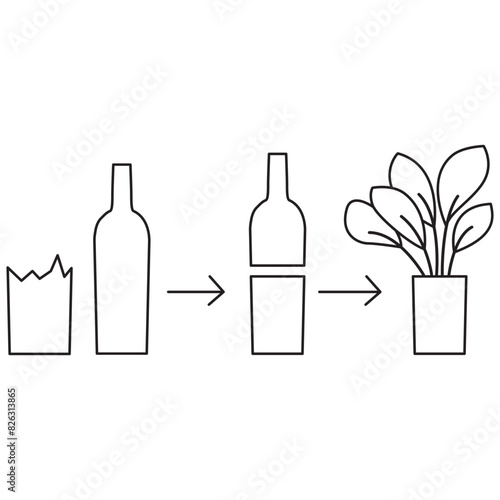 Upcycling glass bottle.Upcycle concept.Glass upcycle.Secondary use of glass bottles as a vase and a pot.Eco tips for reducing waste. Zero waste.Upcycling craft ideas.Reuse of utilized.Potting creation