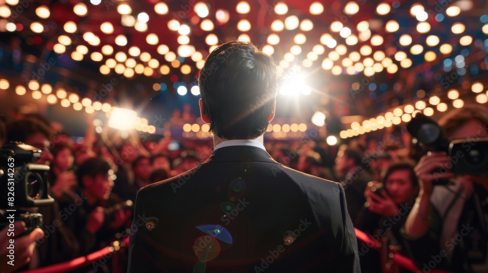 Fototapeta premium Person in a suit standing before a crowd under bright lights, facing away from the camera, with photographers and lights in the background.