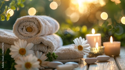 Serene spa setting with rolled towels  candles  daisies  and stones on a wooden surface. Warm sunset lighting in a tranquil outdoor environment.