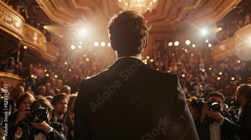 A person standing on stage facing a crowded audience in an elegant theater, with bright lights and cameras focusing on them.