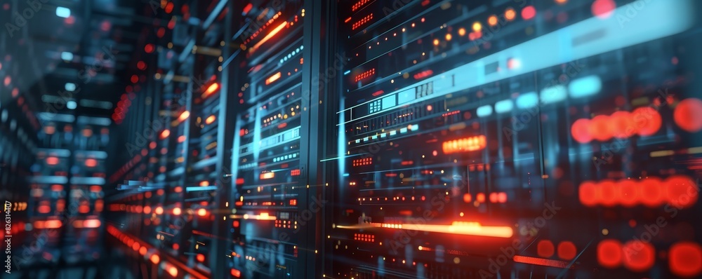 A data center or server room is depicted with servers for information cloud storage. This 3D illustration showcases server racks in a computer security network server room. A data center or server room is depicted with servers for information cloud storage. This 3D illustration showcases server racks in a computer security network server room.