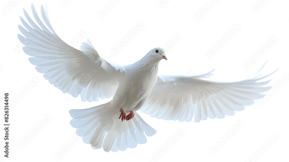 Fototapeta premium A white dove flies through the air against a white background. symbolizing freedom and peace. 