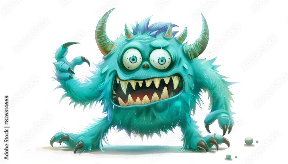 Fototapeta premium Friendly monster character depicted in a 2D illustration against a clean white background ideal for childrens books and games.