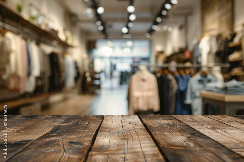 A wooden display table in the foreground with a blurred background of a fashion boutique. The background features stylish clothing racks, mannequins dressed in the latest fashions. A wooden display table in the foreground with a blurred background of a fashion boutique. The background features stylish clothing racks, mannequins dressed in the latest fashions.