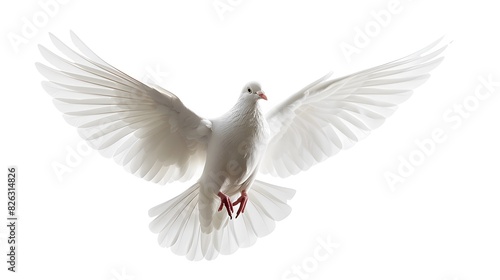 A white dove flies through the air against a white background. symbolizing freedom and peace. 