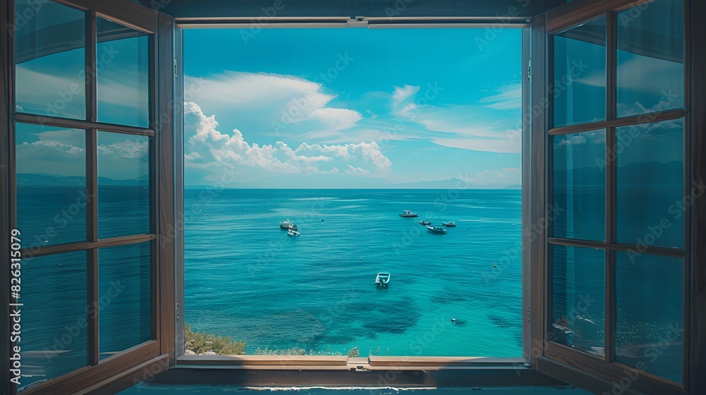 A window overlooking the blue sea, open and bright, overlooking the vast ocean outside.
