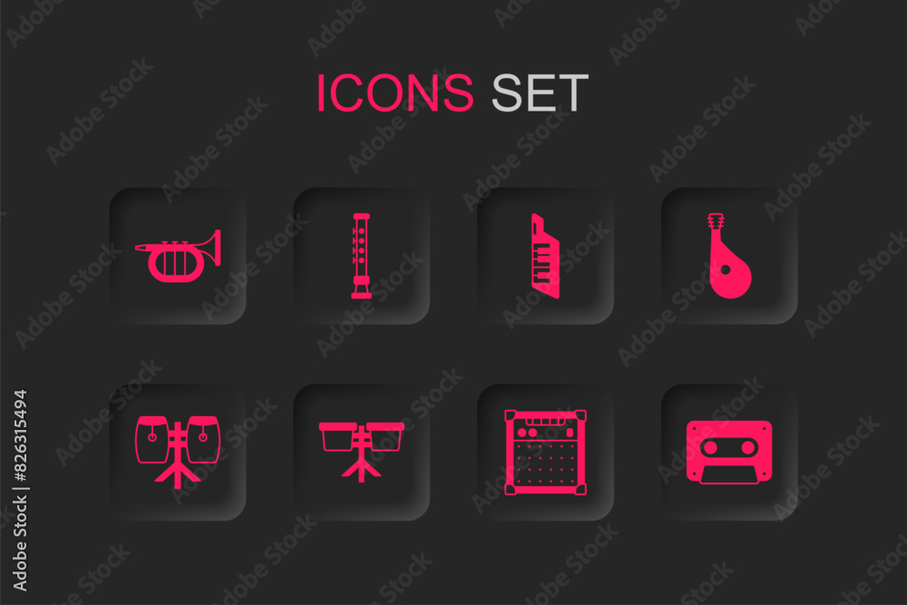 Set Bongo drum, Flute, Trumpet, Guitar amplifier, Bandura, Retro audio cassette tape, Keytar and Conga drums icon. Vector Set Bongo drum, Flute, Trumpet, Guitar amplifier, Bandura, Retro audio cassette tape, Keytar and Conga drums icon. Vector