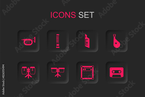 Set Bongo drum, Flute, Trumpet, Guitar amplifier, Bandura, Retro audio cassette tape, Keytar and Conga drums icon. Vector
