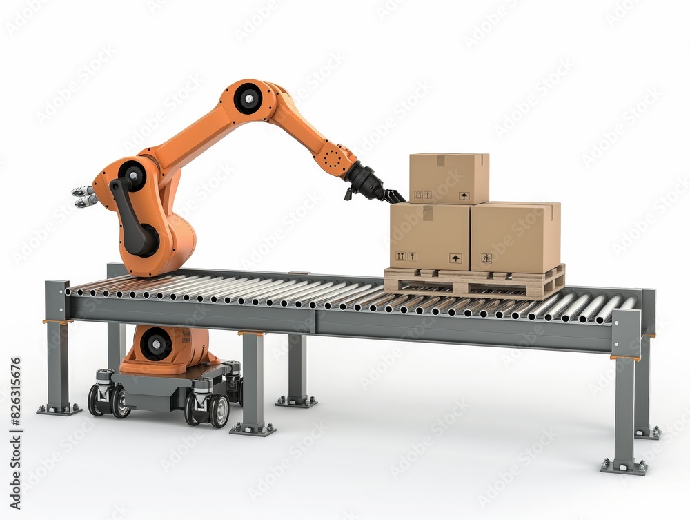 Industrial robotic arm organizing cardboard boxes on a conveyor belt, symbolizing automation and efficiency in manufacturing and logistics.
