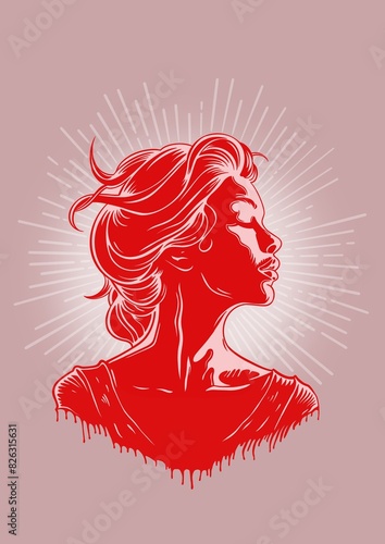 Stylized profile of a woman in a monochromatic red palette. A serene female profile illuminated by light