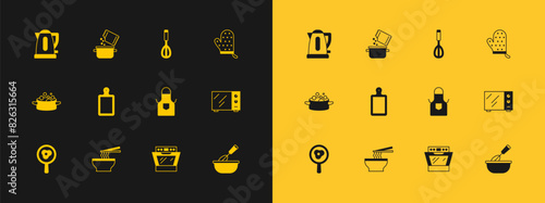 Set Oven glove, Asian noodles in bowl, Kitchen apron, Cutting board, whisk, Electric kettle and Cooking pot and spice icon. Vector