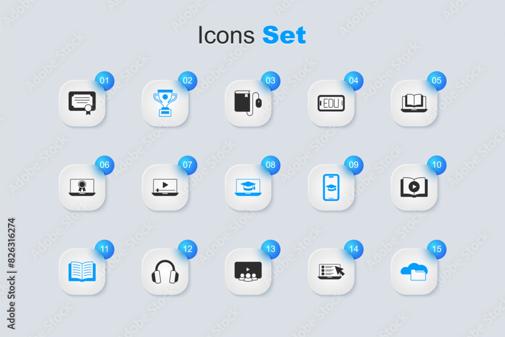 Set Online quiz, test, survey, play video, Award cup, Open book, Cloud or online library, Audio, Certificate template and Graduation cap laptop icon. Vector Set Online quiz, test, survey, play video, Award cup, Open book, Cloud or online library, Audio, Certificate template and Graduation cap laptop icon. Vector
