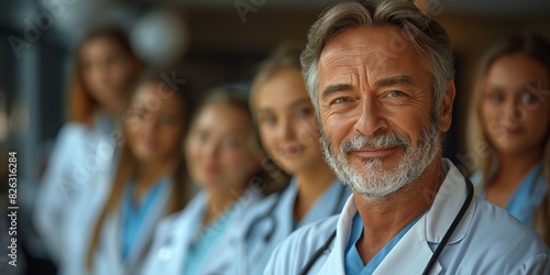 Description:
A senior man with a beard is smiling while standing with a group of young medical students. They are in a hospital setting, and everyone appears engaged and happy.