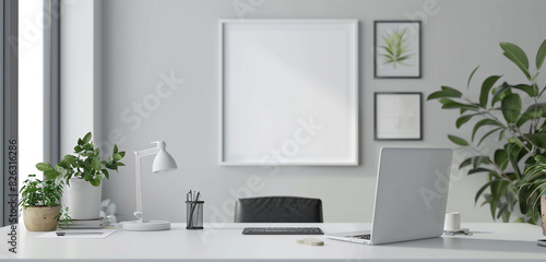 Aesthetic purity in an office setting with a white and empty frame mockup as the focal point.