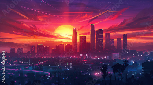 Los Angeles Downtown Sunset Skyline at Night