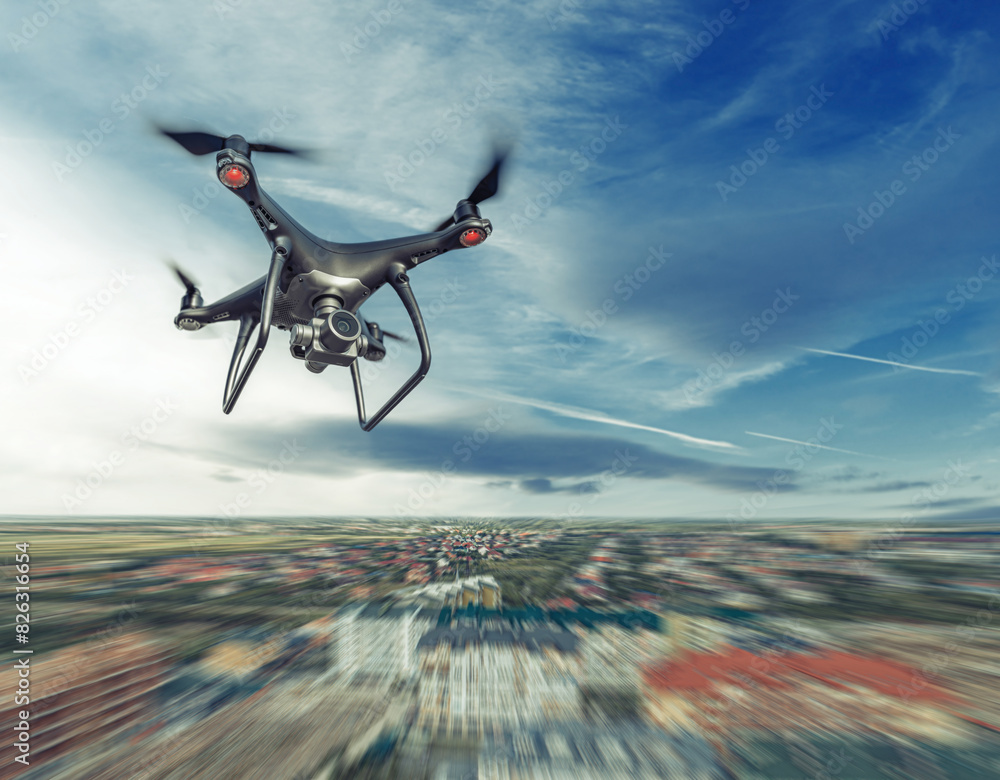 Dark drone in flight over the city.