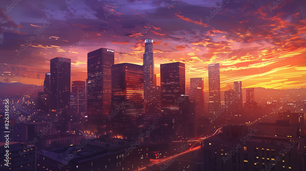 Fototapeta premium Downtown Los Angeles Night Skyline at Sunset, California