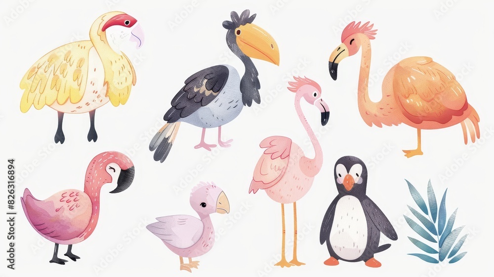 Obraz premium A set of cute baby animals including a parrot ostrich flamingo penguin and pelican is depicted in a watercolor style. These flat vector illustrations are isolated on a white background.