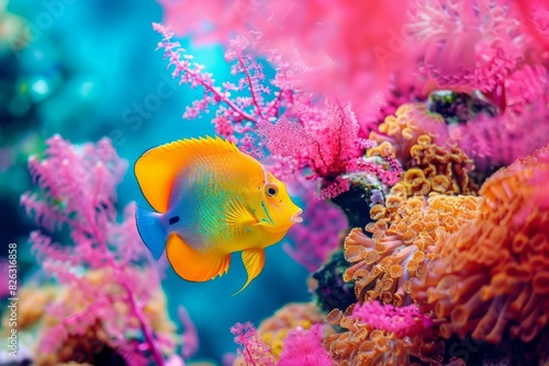 Stunning queen angelfish swims among colorful corals in a tropical reef photo